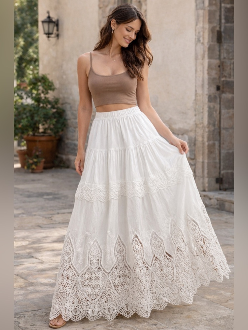 Women's White Maxi Skirt with Lace Trim